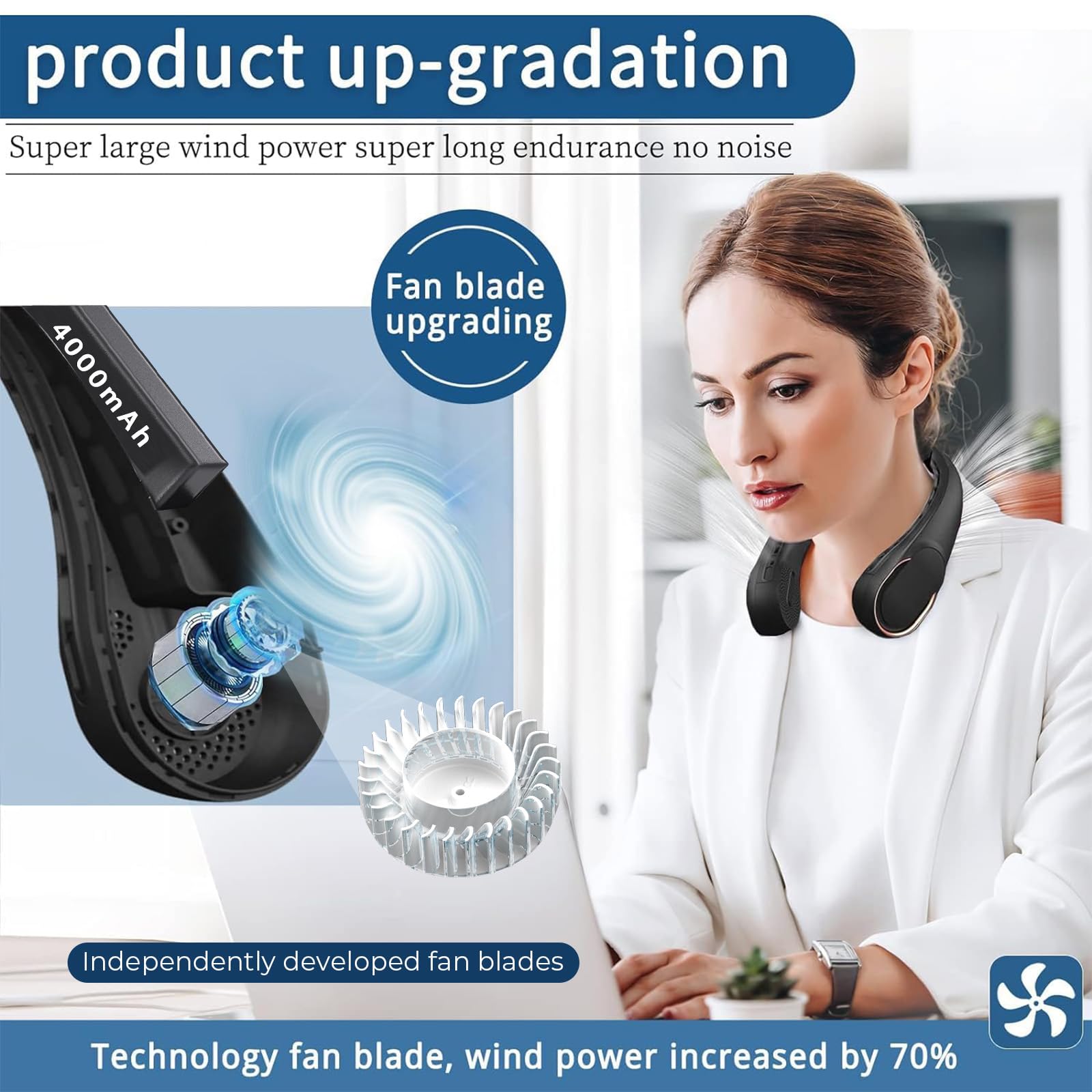 ASNUG Neck Fan, Bladeless Neck Fan, 4000 mAh Rechargeable Personal Fan, 360° Hands Free Wearable Fan, 3 Speeds Adjustable,Faster Cooling, Ultra Quiet, Suitable for Home, Office, Travel, Sports