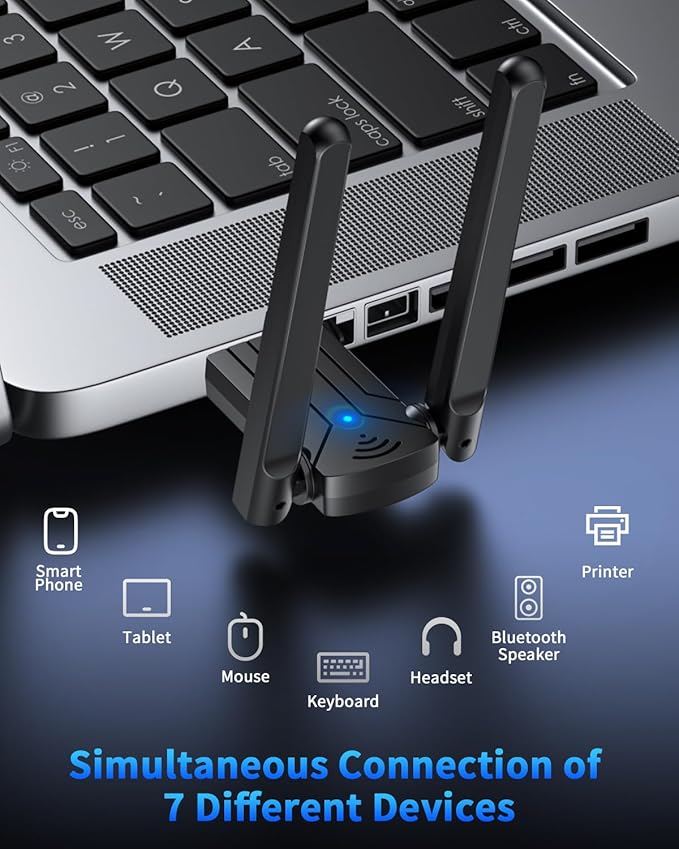 ZEXMTE 5.4 USB Bluetooth Adapter for PC, Plug & Play Bluetooth Transmitter & Reciver, EDR & BLE, High Gain Antenna, 590FT / 180M Long Range for PC Windows 11/10/8