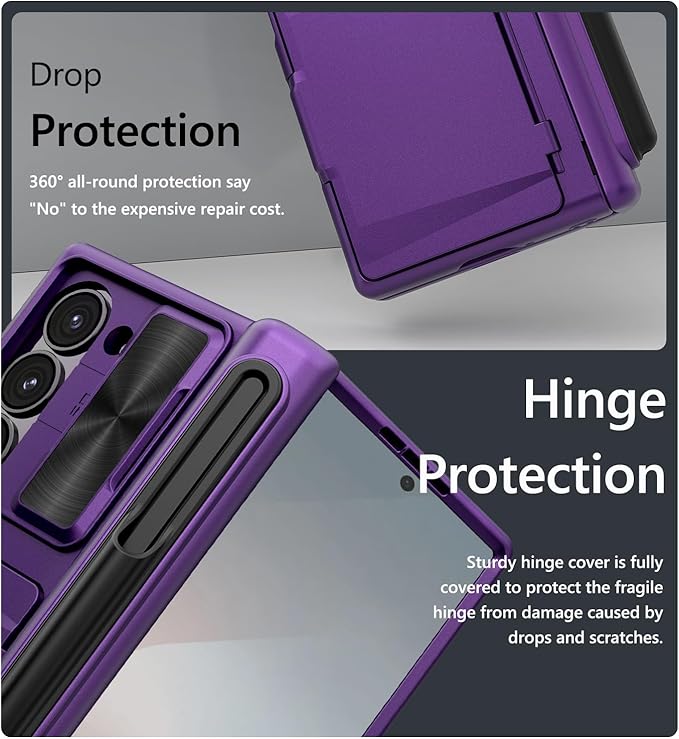 Vihibii for Samsung Galaxy Z Fold 6 Case with S Pen Holder & Card Holder & Slide Camera Cover & Screen Protector & Hinge Protection, Heavy Duty Rugged Wallet Case for Galaxy Z Fold 6, Dark Purple