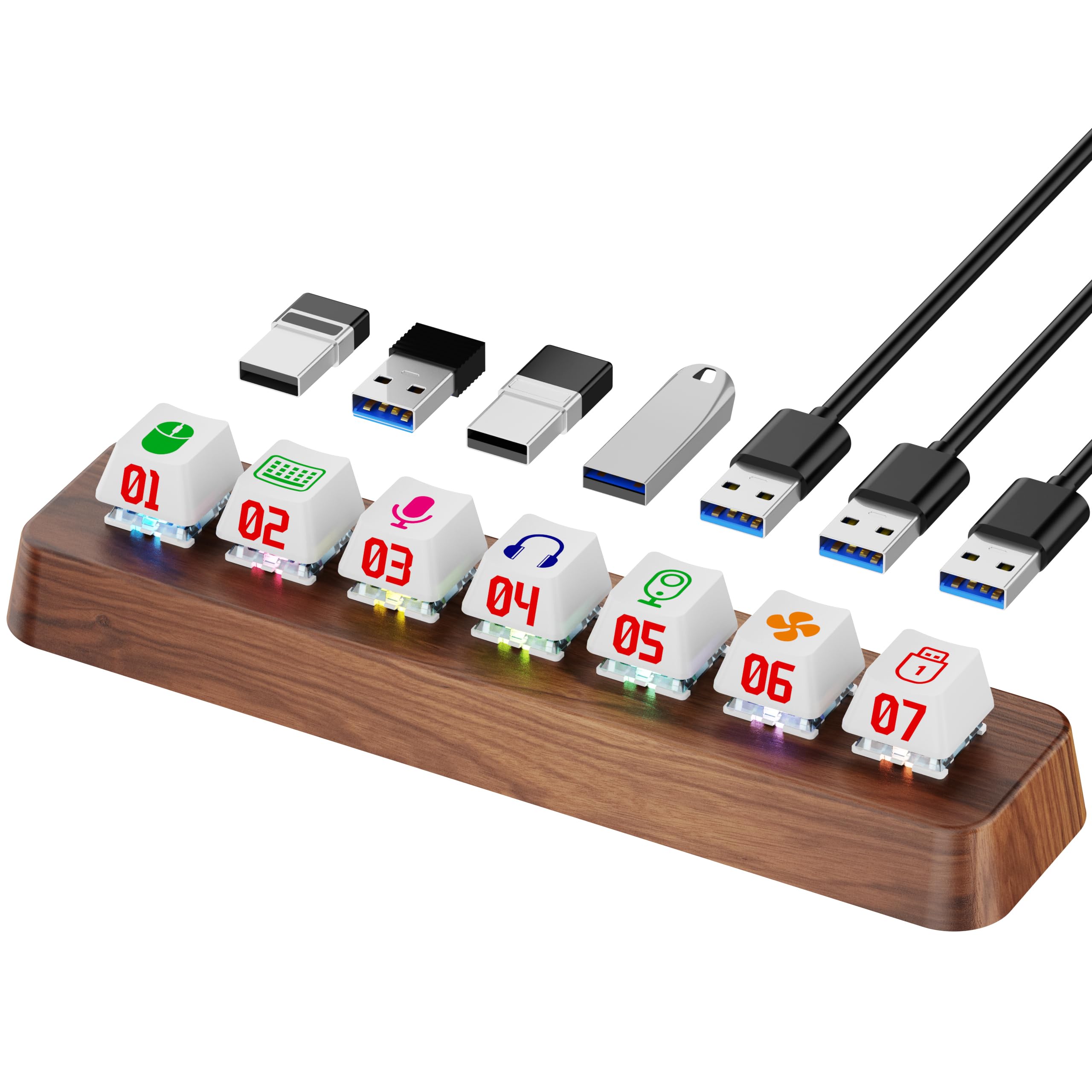 FEIFANZHE Walnut Wood 7-Port Powered USB 3.0 Hub, 5Gbps Data Transfer, Independent Hot-Swappable 3-Pin Mechanical Keyboard Switch Expander, RGB Backlit Docking Station-FU07