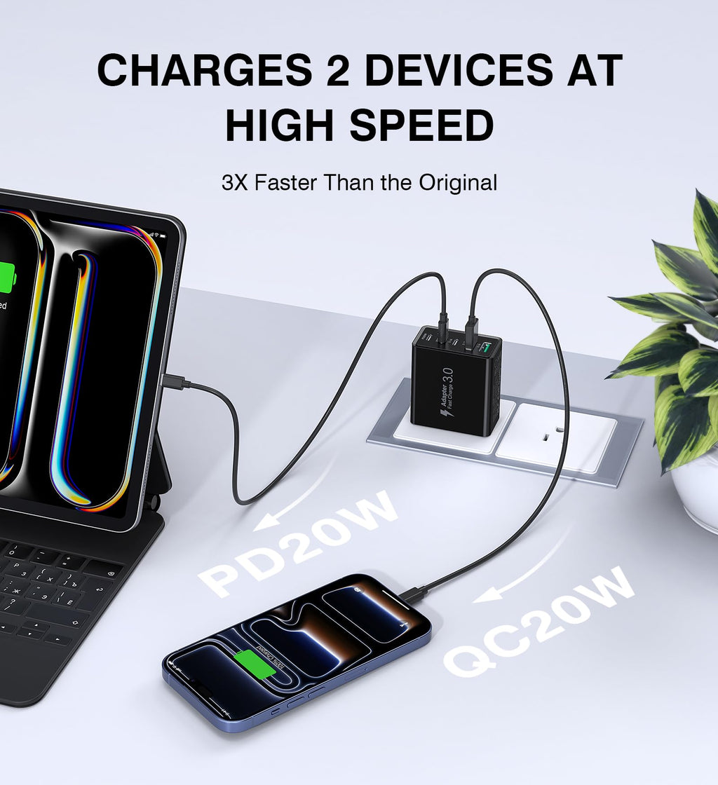 [2-Pack] USB C Wall Charger, 60W Type C Charger Block 5-Port Fast Charging Blocks,3USB C+2USB A Multiport Plug,PD Power Adapter Brick Cube for iPhone 17/16/15/14/13/Pro,iPad,Samsung,for Switch（Black）
