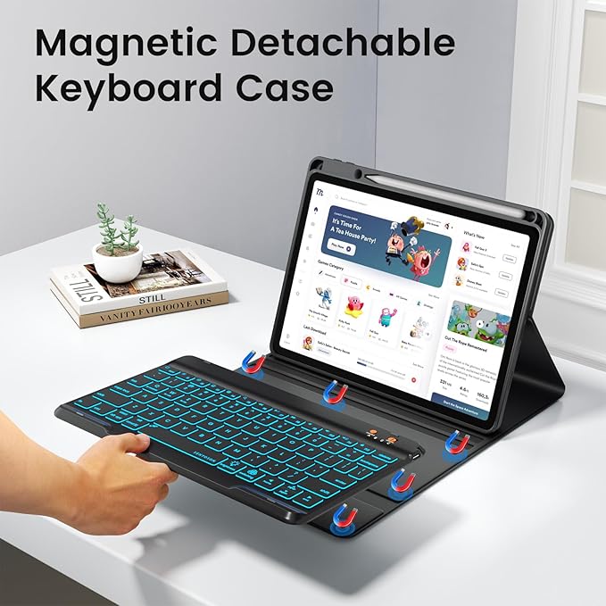 BLUTLOTUS for iPad 11th A16 10th Generation Case with Keyboard - 7 Colors Backlit Wireless Detachable Folio Keyboard Cover with Pencil Holder for iPad 11'' A16 2025 10th Gen 10.9 Inch 2022 (Black)