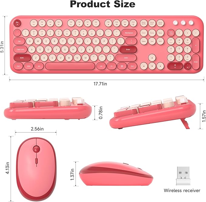 KNOWSQT Wireless Keyboard and Mouse Combo - Lovely Red Rainbow Full-Sized Typewriter Colorful Keyboards, Round Keycap USB Plug Play Retro Cute Keyboards for Windows, Laptop, PC, Desktop, Computer