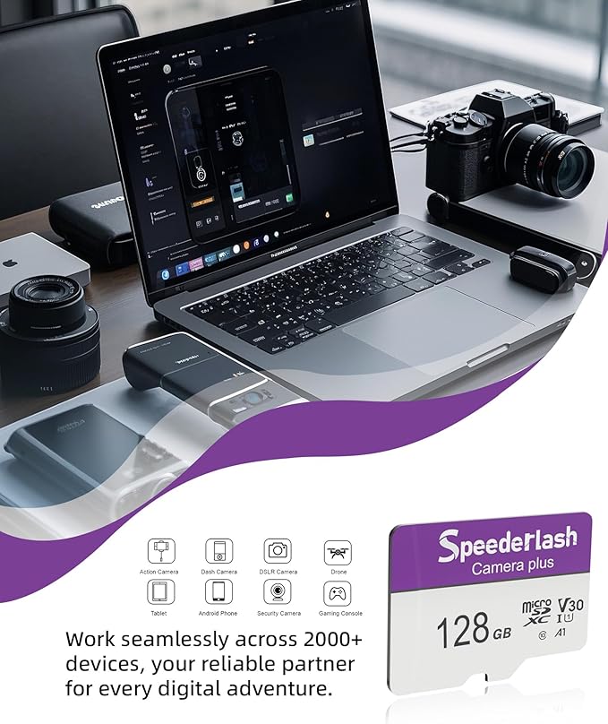 Micro SDXC Memory Card 128GB 2 Pack, Speederlash Camera Plus TF Card with Adapter, 90MB/s Read Speed, 4K UHD&5K Video Support, U1 V30 A1 Rated, Waterproof, for Gaming Devices, Drones, Smartphones