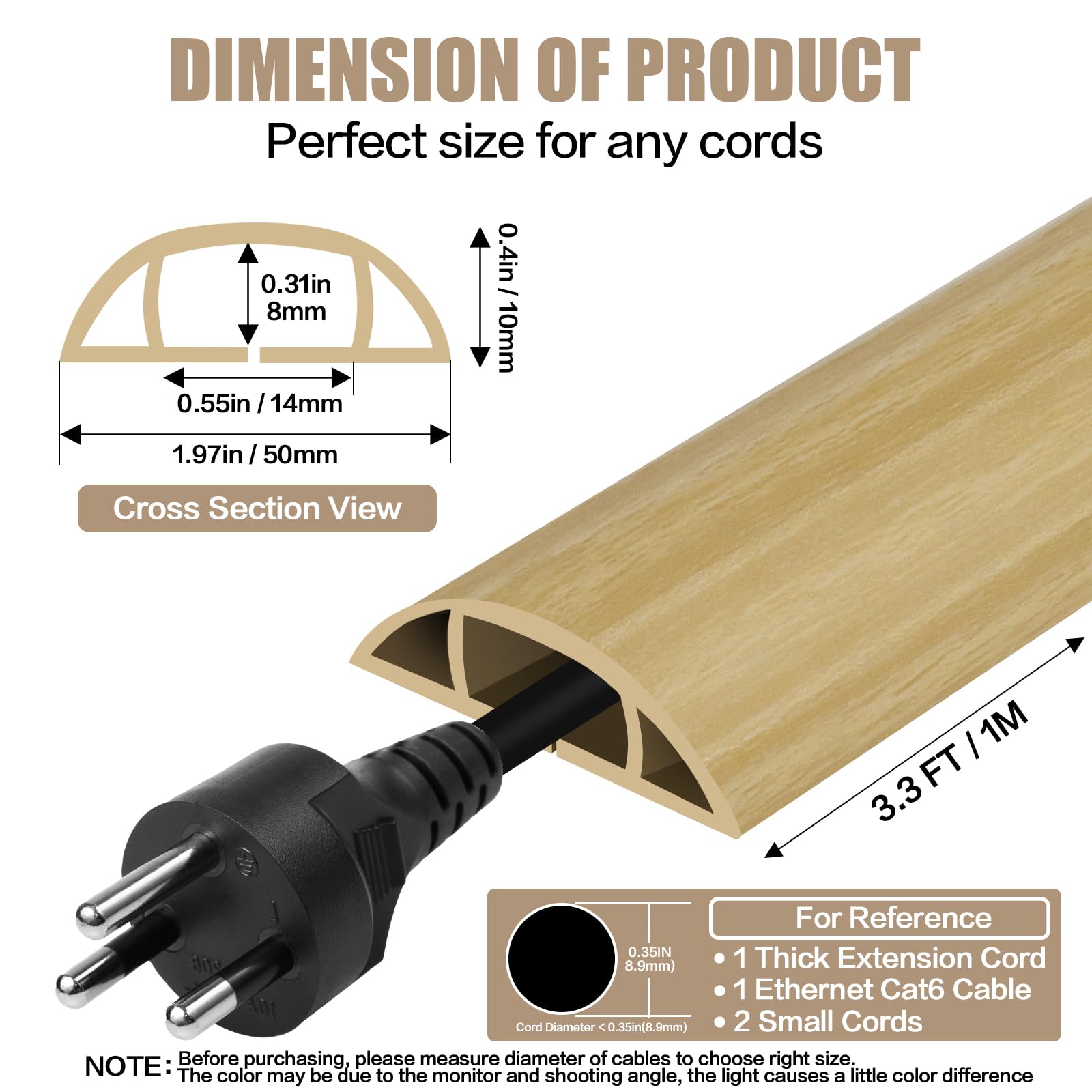 Floor Cord Cover Self Adhesive Cord Hider,3.3FT Cable Management, Extension Strip Protector for Wires, Prevent Cable Trips for Offices, Gyms, Exhibitions Cavity:0.47"(W) x0.35(H) WoodLightyellow