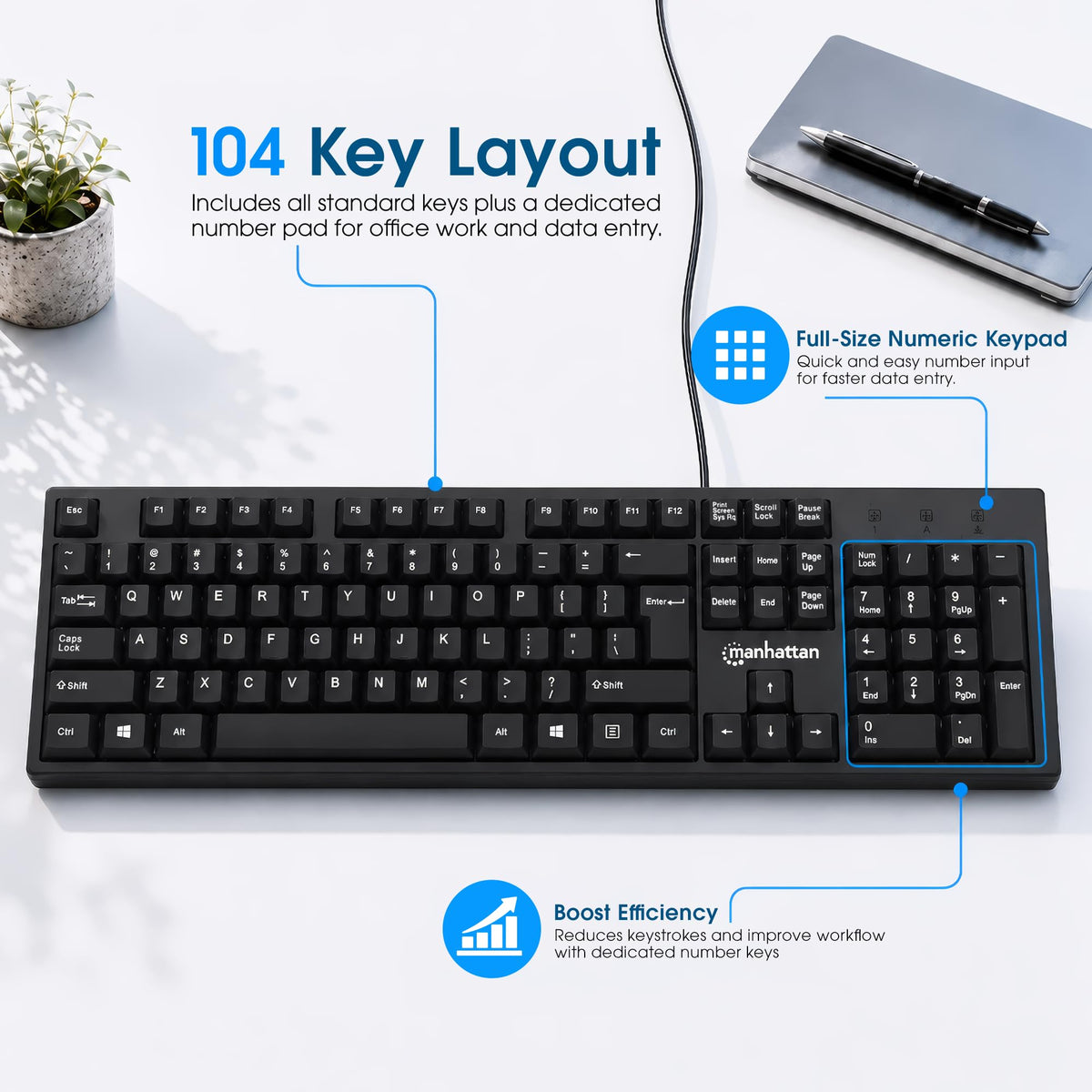 Manhattan Wired Computer Keyboard – Basic Black Keyboard - with 4.5ft USB-A Cable, 104-keys, Foldable Stands - Compatible for Windows, PC, Laptop - 3 Yr Mfg Warranty – 179324