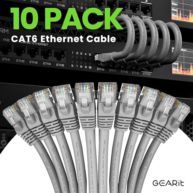 GearIT Cat 6 Ethernet Cable (10-Pack 7 Feet) Cat6 Network Patch, 10Gbps, RJ45, Snagless Cord, Gold-Plated Connectors, Internet for PC, TV, Tablet, Router, Printer, Servers, IT Data Center - Gray