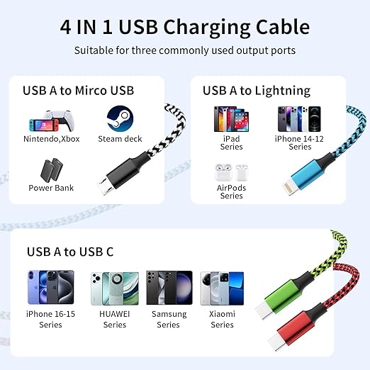USB A/C 4 in 2 Charging Cable,Dual Type C Mulit Charging Cord Universal Charging Cables for All Devices, Phone Charger Cord Adapter 2 USB-C/IP/Micro Port for Cell Phones Tablets Galaxy PS & More