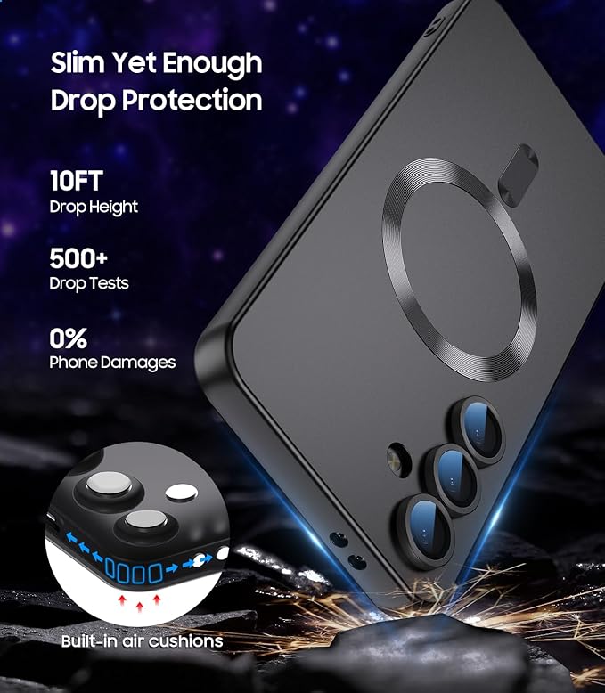 Magnetic for Samsung Galaxy S25 Case [Compatible with MagSafe][Built-in Camera Lens Protector] Slim Soft Silicone Bumper Shockproof Metallic Luster Phone Shell (Black)