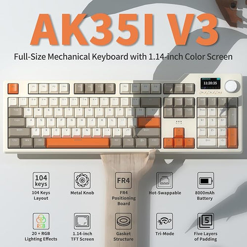 Ajazz AK35I V4 Full Size Wireless Mechanical Keyboard with 1.14" Color Screen & Knob, Tri-Mode Gasket Hot Swappable Gaming Keyboard, 10000mAh Battery, RGB, Black White Blue