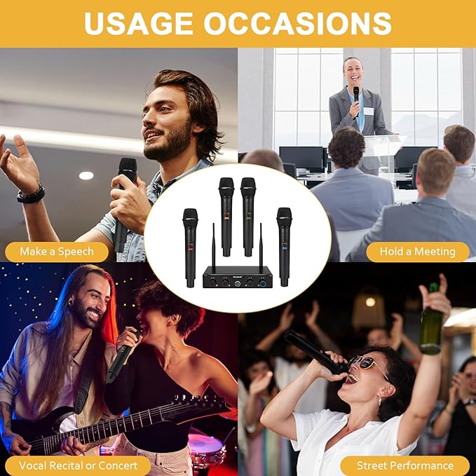 4-Channel Wireless Microphone System, UHF Compact Cordless Mic Set w/ 4x10 Frequencies, 200ft Range, Dynamic Handheld Microphone for Singing, Karaoke, Church, DJ, Wedding (MWM-41-4H)
