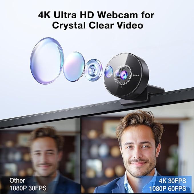 EMEET C950 4K Webcam for PC - 8 Megapixels 4K UHD, PDAF Autofocus, Noise-Canceling Mic, 70° FOV, 1080P@60FPS, Privacy Cover, USB 2.0 Plug&Play, No Tripod Hole, Ideal Webcam for Zoom/Teams/Google Meet