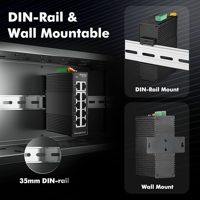 MokerLink 10 Port Gigabit Industrial DIN-Rail Ethernet Switch, Unmanaged IP40 Network Switch (-40 to 185°F), Mini Size, with Power Supply