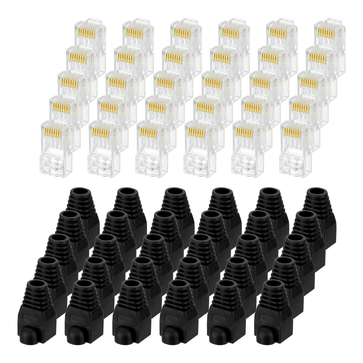 MECCANIXITY 30pcs Cat6 RJ45 Pass Through Connectors, RJ45 Connector 8P8C Gold Plated Plugs with 30pcs White Strain Relief Boots for Solid or Stranded UTP Ethernet Cable, 1.1mm