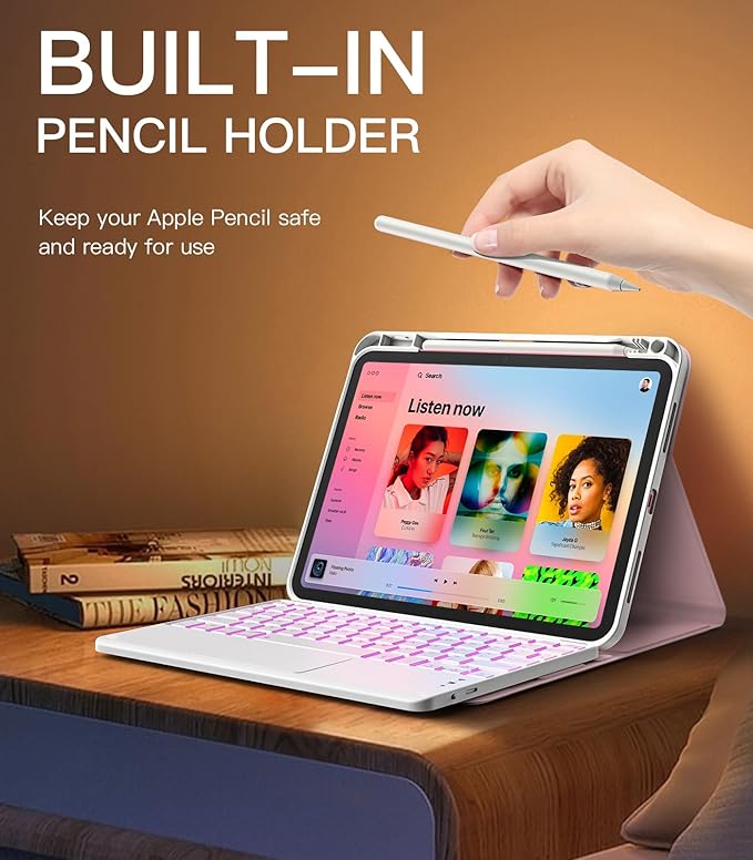 MoKo Touch Keyboard Case for iPad (A16) 11th Generation 11 inch 2025, iPad 10th Generation 10.9 inch Case with Pencil Holder, 7 Colors Backlit Multi-TrackPad Detachable Bluetooth Keyboard,Nosegay Pink