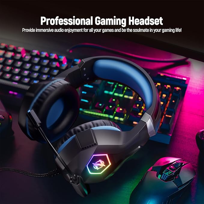 Gaming Headset for PC, Ps4, Ps5, Xbox Headset with 7.1 Surround Sound, Gaming Headphones with Noise Cancelling Mic RGB Light Over Ear Headphones for Xbox Series X/S, Switch-Blue