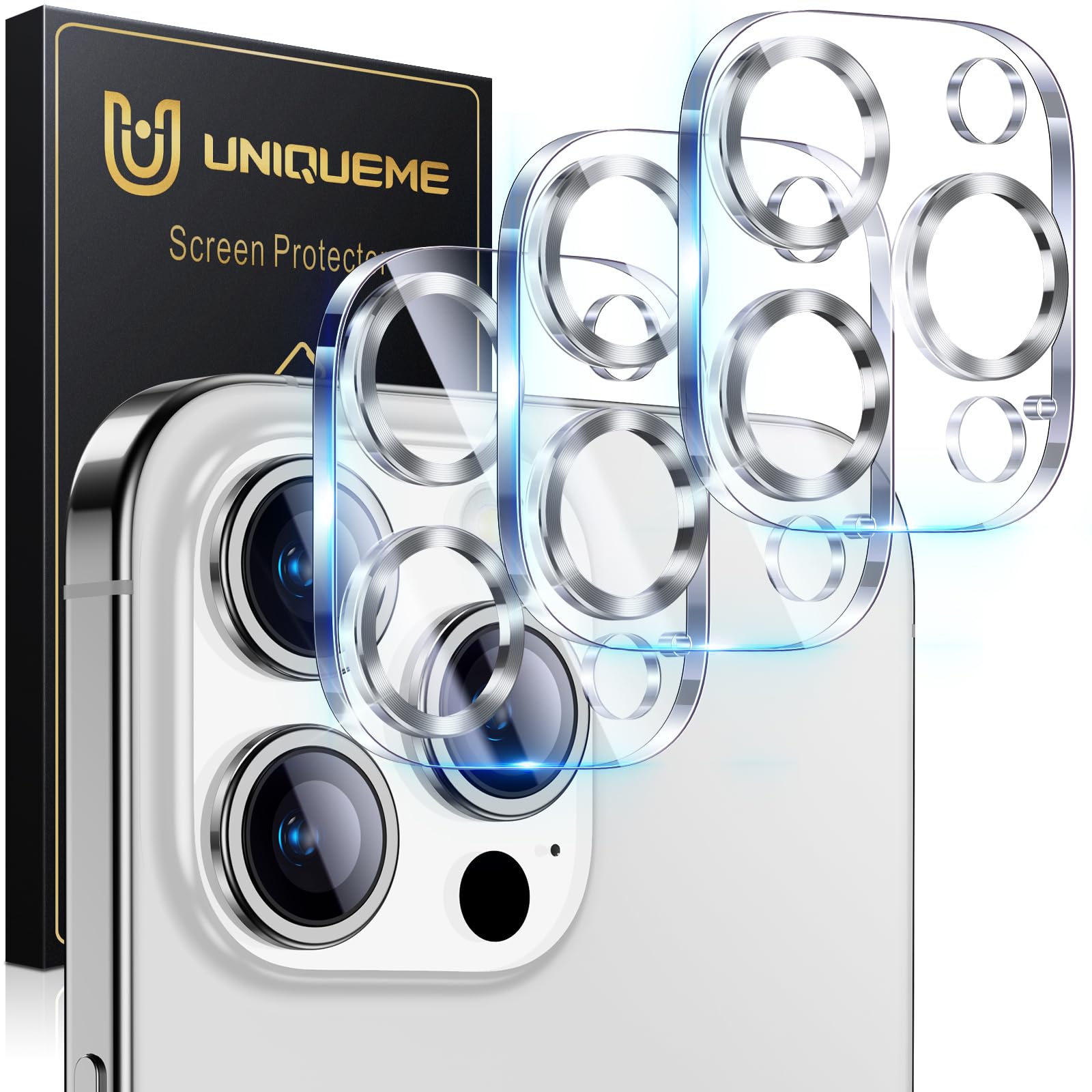 UniqueMe for 3 Pack iPhone 15 Pro/15 Pro Max Camera Lens Protector-Silver