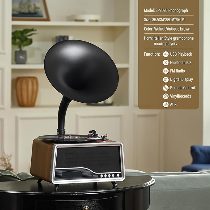 Vintage Gramophone Record Player，Italian Style Gramaphone Vintage Phonograph Nostalgic Record Player with Vinyl Record Player/Bluetooth 5.3/Remote Contro/USB/FM/AUX for Home Decoration