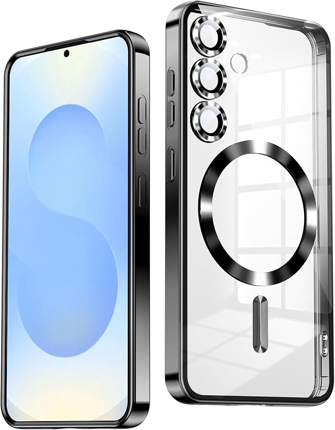 TOBOVON Slim Thin for Samsung Galaxy S25 Plus Case, Compatible with MagSafe, Built-in Camera Lens Protector, Shockproof Protective Phone Case, Soft Electroplated Clear Cover, Black