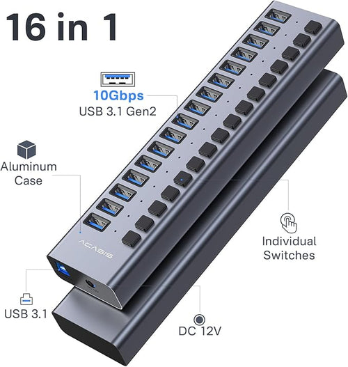 ACASIS Powered 16 Ports USB 3.2 Hub, 10Gbps Data Transfer, 96W Adapter