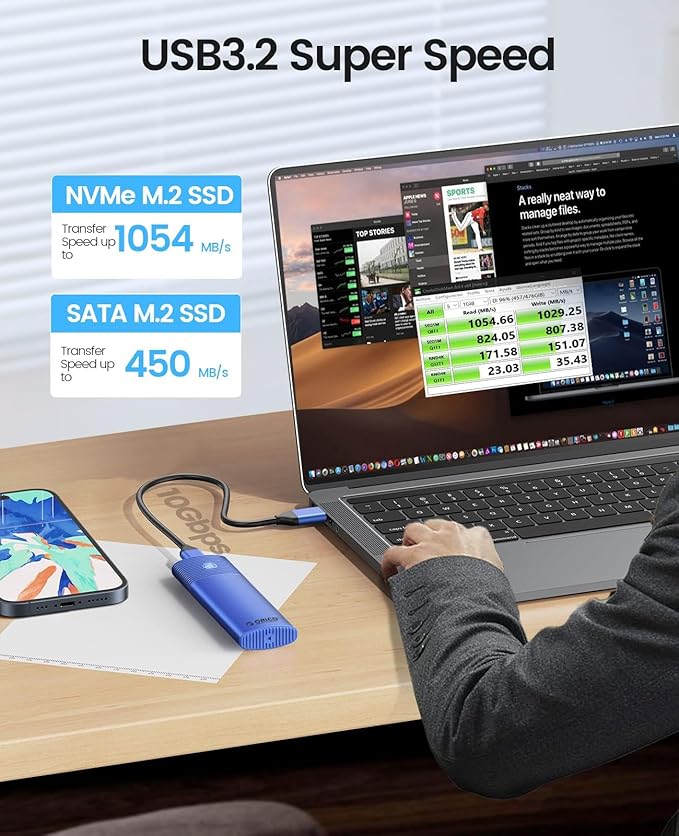 ORICO M.2 NVMe SATA SSD Enclosure Adapter Tool-Free, USB C 3.2 Gen 2 10Gbps NVMe, 5Gbps NGFF SATA PCIe M-Key(B+M Key) 2230/2242/2260/2280, Aluminum External M2 Reader Support UASP Trim- PWDM2-BL