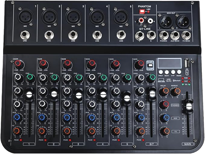 7 Channel mixer, DJ Mixer Board with Bluetooth and Usb, Audio Sound Card with Interface Recording and 48V Phantom Power, Sounds Mixer Board with FX Reverb Delay Effect for Streaming