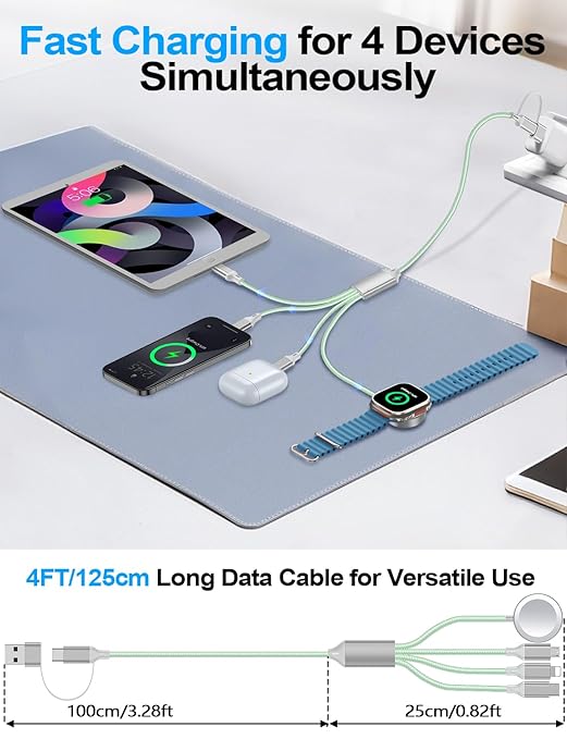 4-in-2 Charging Cable for Apple Watch Charger/Samsung/iPhone Charger,Car/Office/Camping/Travel Essentials,Type C Cable Multi Cord for iWatch Ultra/10-2/iPhone 16-11/Samsung S25-S20,iPad,airPods-Green