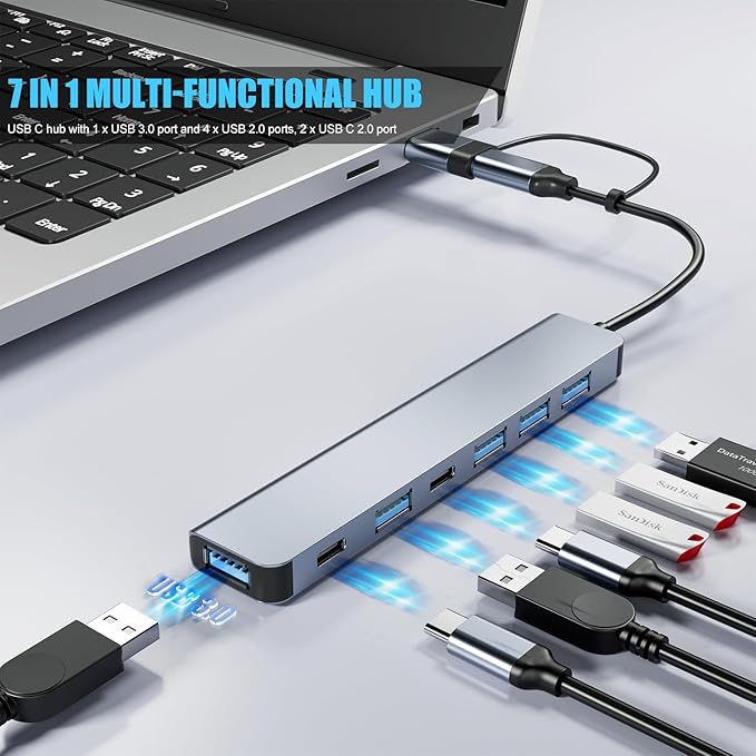 Aluminum 7 in 1 USB C Hub with USB 3.0,7 Ports with 2* USB-C and 5* USB-A, Ultra Slim Portable USB Splitter Adapter for Laptop, PS4, Flash Drive, HDD, Xbox, Printer, Mouse, Keyboard