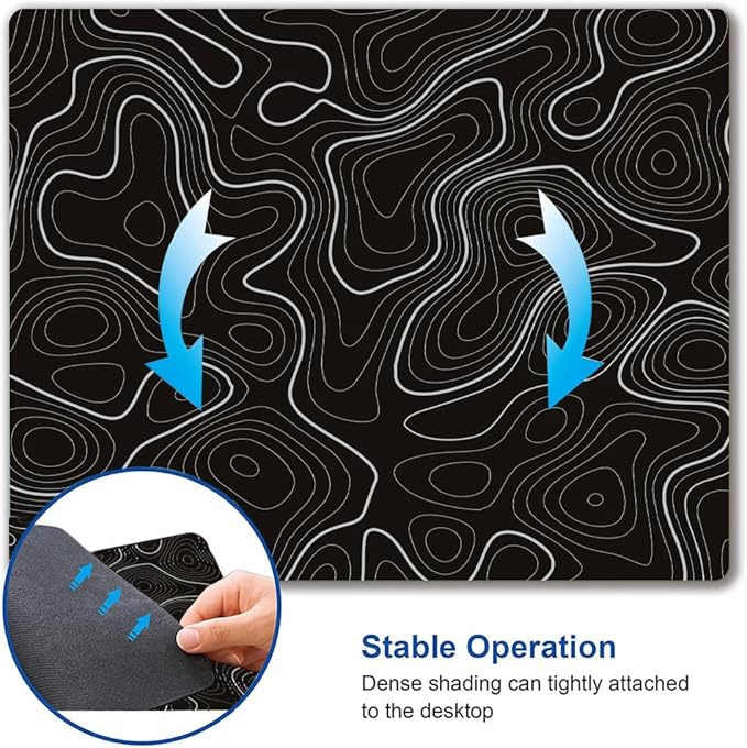 Topographic Contour Map Mouse Pad, Black Minimalist Mouse Mat Waterproof Non-Slip Rubber Base MousePads for Office Laptop Computer Desk