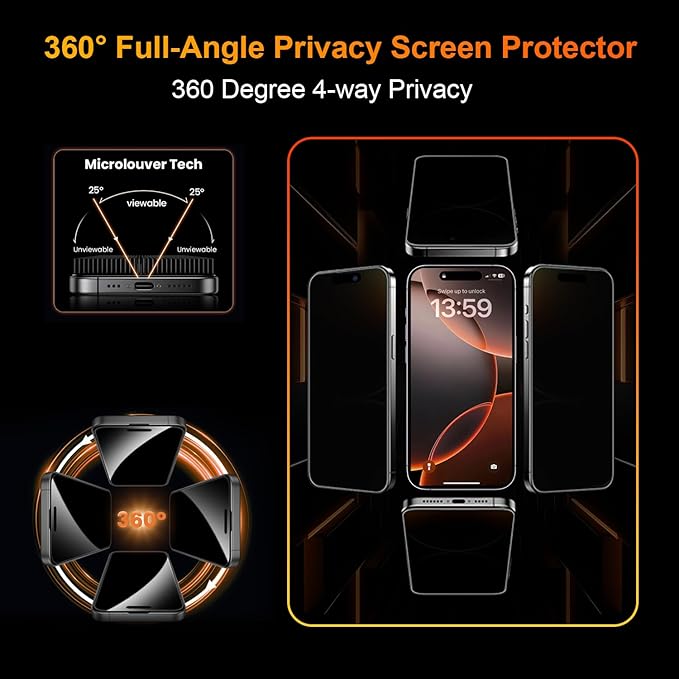 OneFish 2 Pack Privacy Screen Protector for iPhone 15 Pro - 4-Way 360° Anti-Spy Tempered Glass, 9H Hardness, 3D Curved Edges, Case-Friendly & Easy Installation