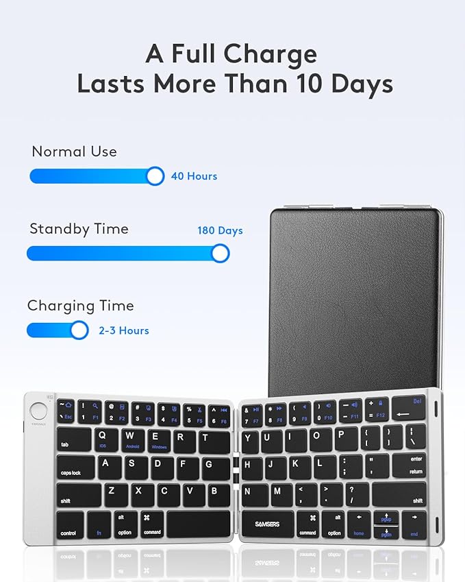 Samsers Foldable Bluetooth Keyboard - Portable Wireless Keyboard with Stand Holder, Rechargeable Full Size Ultra Slim Folding for iOS Android Windows Smartphone Tablet and Laptop, Silver
