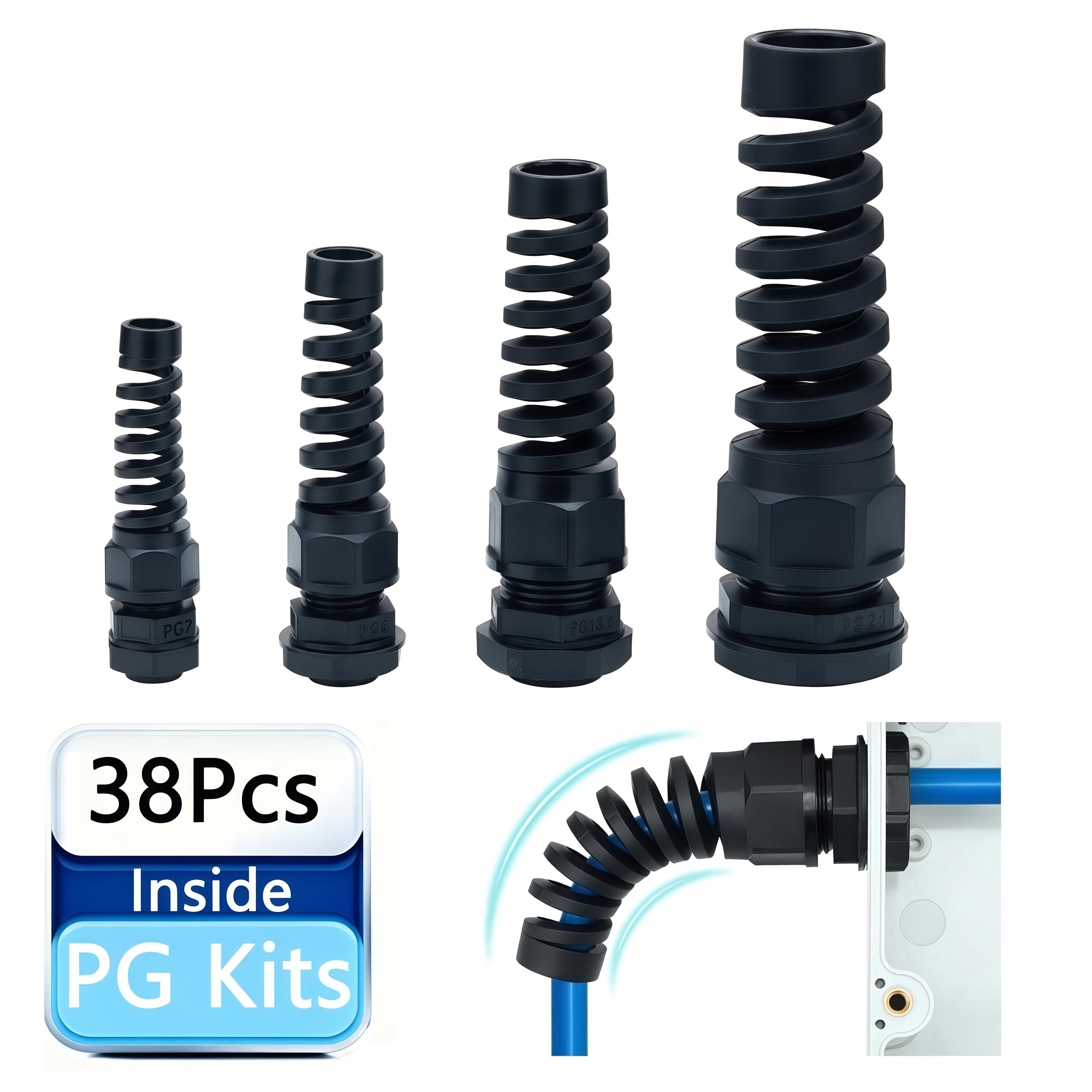 38 Pcs PG7~21 Kit Cable Gland 3-18mm Nylon Strain Relief Spring IP68 PA66