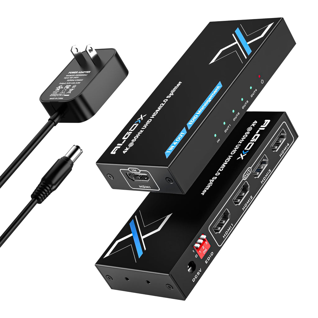 4K HDMI Splitter 1x4 withEDID, 4K@60Hz HDR HDMI 2.0 18Gbps HDMI Duplicator Support HDCP 2.3 for Switch2 Apple TV, PS5... (Uncompressed, Zero-Latency, No Loss of Image Quality 1 in 4 Out)