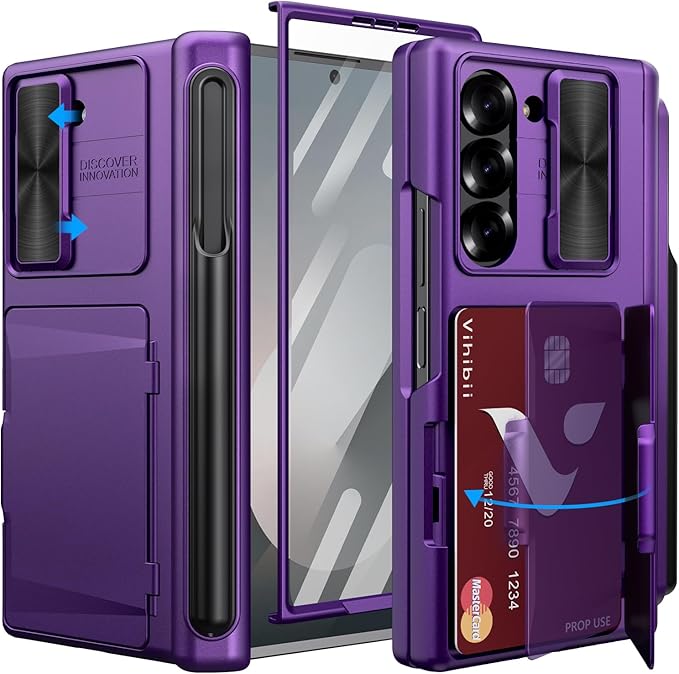 Vihibii for Samsung Galaxy Z Fold 6 Case with S Pen Holder & Card Holder & Slide Camera Cover & Screen Protector & Hinge Protection, Heavy Duty Rugged Wallet Case for Galaxy Z Fold 6, Dark Purple
