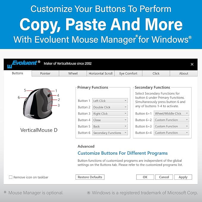 Evoluent – Inventor of The Vertical Mouse – VM4SW Ergonomic Vertical Mouse Right Hand Small Wireless USB, Sculpted for Comfort, Reduces Wrist Strain, Adjustable Speed, Customizable Buttons in Windows