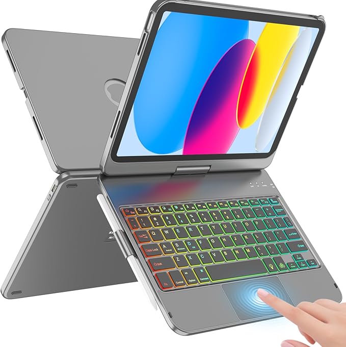 for iPad A16 11th Generation/10th Generation Case with Keyboard,Touch Keyboard for iPad 11" /10th Gen 10.9 inch 2022-10 Color Backlight, 360° Rotatable Protective Cover (Titanium Gold Grey)
