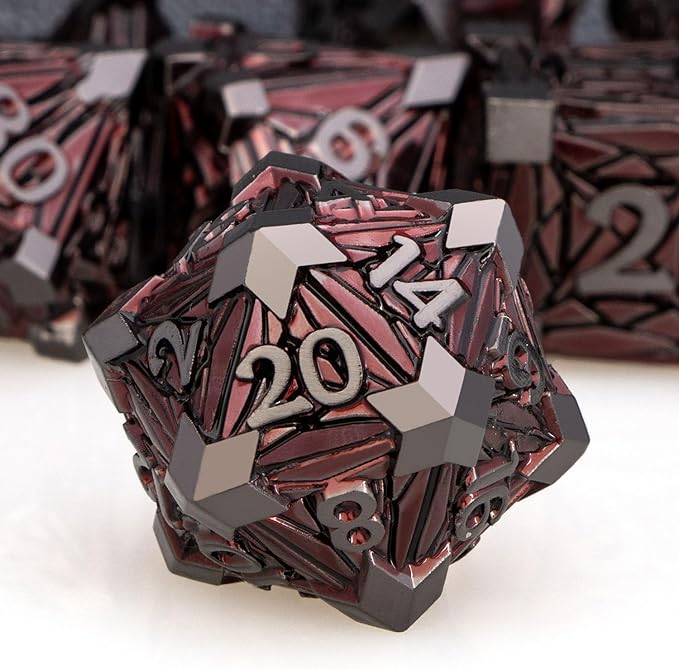 7PCS Metal DND Dice Set with Box, Debris RPG Red D and D Dice for use with D&D Tabletop Games Role Playing Game Polyhedral Dice Set D20 D12 D10 D8 D6 D4