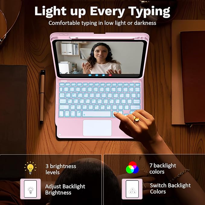 MoKo Touch Keyboard Case for iPad (A16) 11th Generation 11 inch 2025, iPad 10th Generation 10.9 inch Case with Pencil Holder, 7 Colors Backlit Multi-TrackPad Detachable Bluetooth Keyboard, Water Color