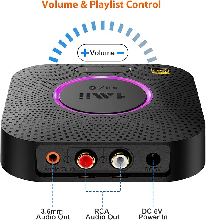 1Mii B06S+ LDAC Bluetooth 5.2 Receiver for Home Stereo Hi-Res Music Streaming, Hi-Fi Wireless Audio Adapter w/aptX HD Low Latency, Long Range Bluetooth Audio Receiver Volume Control, RCA/3.5mm Outputs