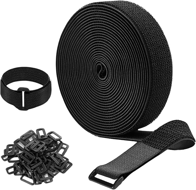 26ft 1.5 Inch Wide Cable Straps, Jumpso Adjustable Fastening Hook and Loop Straps with 20 Buckles, Reusable Nylon Cut-to-Length Cinch Straps for Organizer or Storage, Black