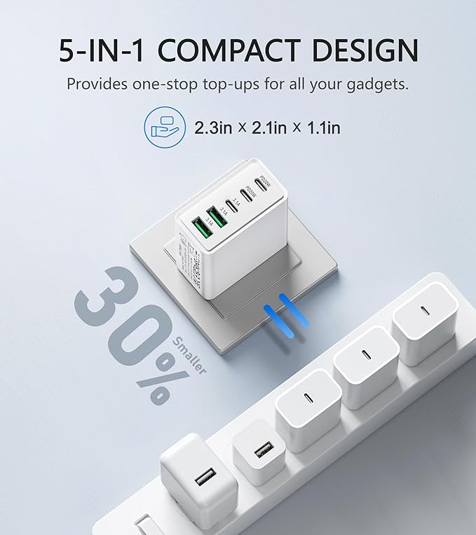2Pack USB C Fast Charger Block,50W 5-Port USB C Wall Charger Brick,2 USB A & 3 USB C PD3.0 Power Adapter Multiport Type C Charging Plug for iPhone 16/15/14/13,Pad Mini/Pro,AirPods 4,GalaxyS23(White)