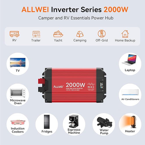 ALLWEI 2000W Pure Sine Wave Inverter 12V DC to 120V AC Converter, Surge 4000W, 20A Sockets, Hardwire Port, Power Inverters for Vehicles, RV Truck Home Solar & Off-Grid Inverter, Remote Controller