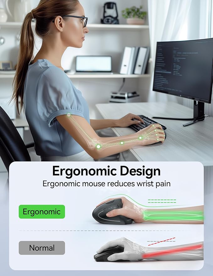 TECKNET Ergonomic Wireless Mouse, Rechargeable Mouse Wireless Silent for Carpal Tunnel Right Hand, 2.4GHz USB Vertical Mouse Wireless for Laptop, 5 Adjustable 4800 DPI, Computer, MacBook, Desktop