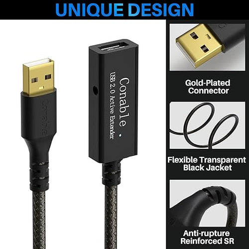 Active USB Extension Cable 75 Feet, USB 2.0 A Male to Female Repeater Cord, with 2 Extension Chipsets Signal Booster, 22AWG Tinned Pure Copper, (AC Power Supply Included)