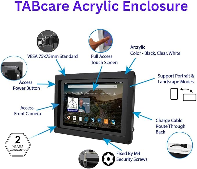 TABcare Anti-Theft Acrylic VESA Enclosure for Apple iPad 10 10.9" 2022, iPad 11" 2025 with Free Wall Mount Kit & 90-Degree Angle USB C Charge Cable (White)
