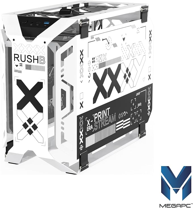 MegaPC X-Era Open-Frame Mid-Tower Micro-ATX/Mini-ITX Gaming Case – Tempered Glass Panels, High Airflow, ARGB Lighting, USB-C Port (Black/White/Print Stream, with Fans Only)