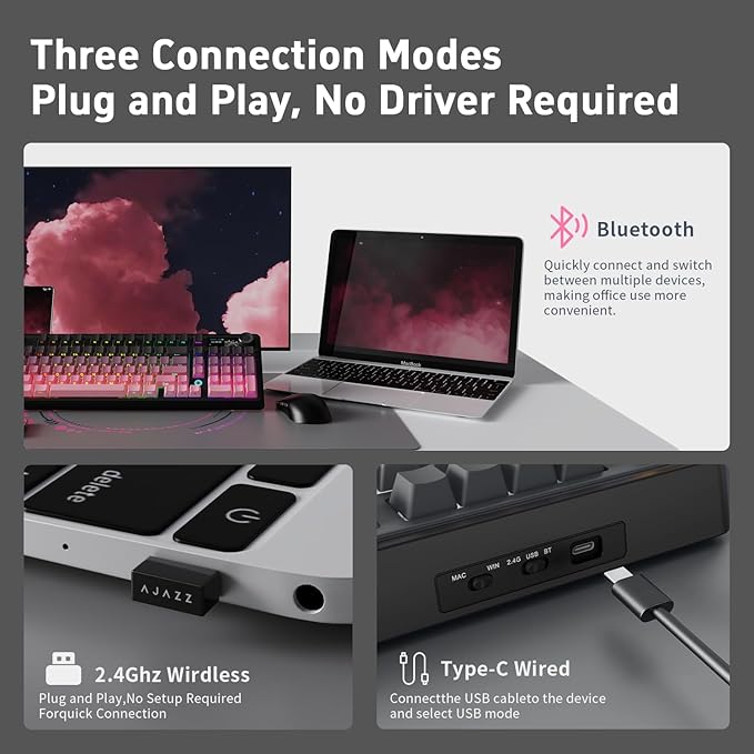 NACODEX Ajazz AK980 Pink Gaming Machanical Keyboard Gift Switch Full Size RGB Gasket Mount 8000mAh Triple Modes Custom Keyboard with Five Layer Pad | Knob Control