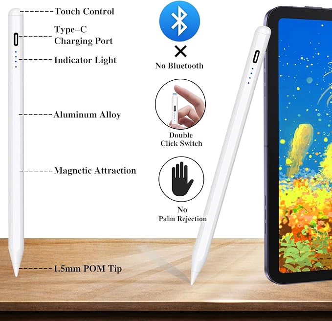 Stylus Pens for Touch Screens POM Tip Magnetic iPad Pencil Rechargeable Tablet Pencil Active Stylus Pen for iPad/Pro/Air/Mini/iPhone and Other Smartphone Devices