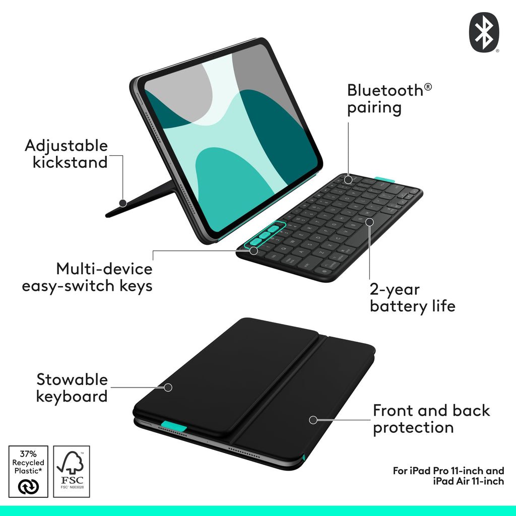 Logitech Flip Folio Keyboard Case iPad Pro 11 inch M4 & M5 Air M2 - Black