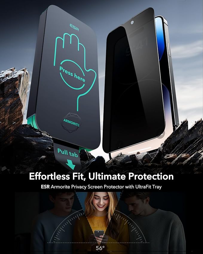 ESR 3 Pack 9H+ Glass for iPhone 14 Pro Max Privacy Screen Protector, [Military Grade Shatterproof & Longest Durable] Armorite Anti-spy Tempered Glass with UltraFit Tray